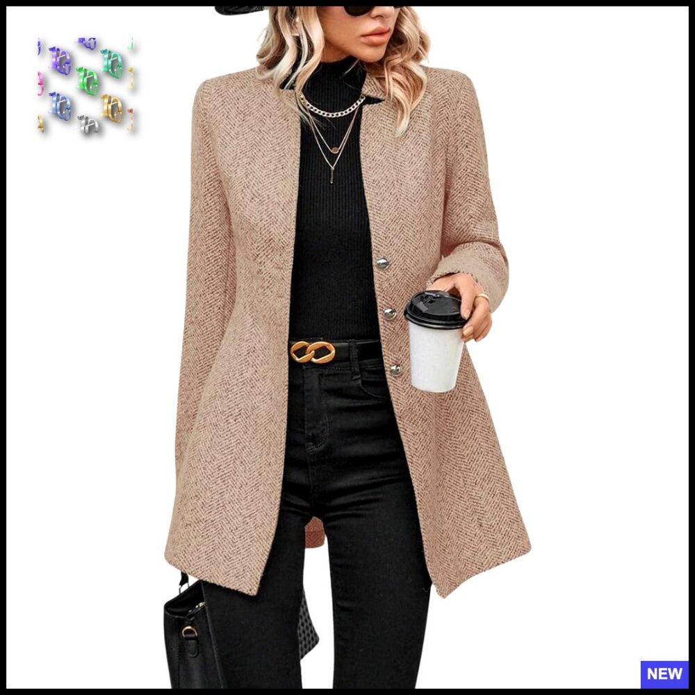 Classic Wool Blend Pea Coat Notch Collar Mid-Long Trench Coat Elegant Chic
